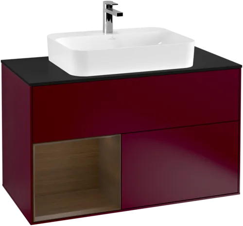 VILLEROY BOCH Toaletní stolek Finion, s osvětlením, 2 výsuvy, 1000 x 603 x 501 mm, matný lak Peony / ořechová dýha / černé matné sklo #F362GNHB