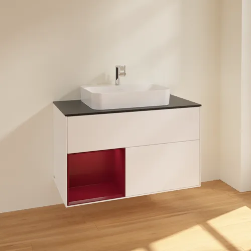 VILLEROY BOCH Toaletní skříňka Finion, s osvětlením, 2 výsuvy, 1000 x 603 x 501 mm, bílý matný lak / pivoňkový matný lak / černé matné sklo #F362HBMT, obrázek 2