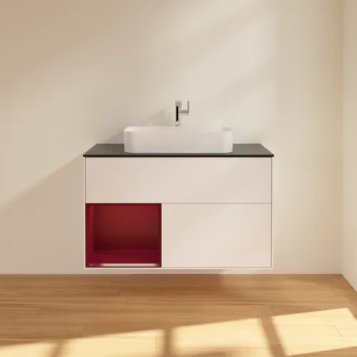 VILLEROY BOCH Toaletní skříňka Finion, s osvětlením, 2 výsuvy, 1000 x 603 x 501 mm, bílý matný lak / pivoňkový matný lak / černé matné sklo #F362HBMT, obrázek 3