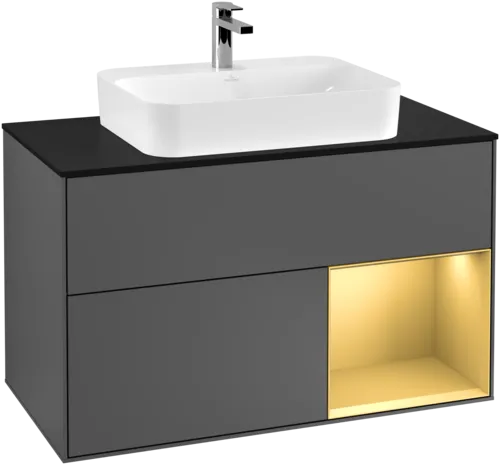 VILLEROY BOCH Toaletní skříňka Finion, s osvětlením, 2 výsuvy, 1000 x 603 x 501 mm, antracit matný lak / zlatý matný lak / černé matné sklo #F372HFGK