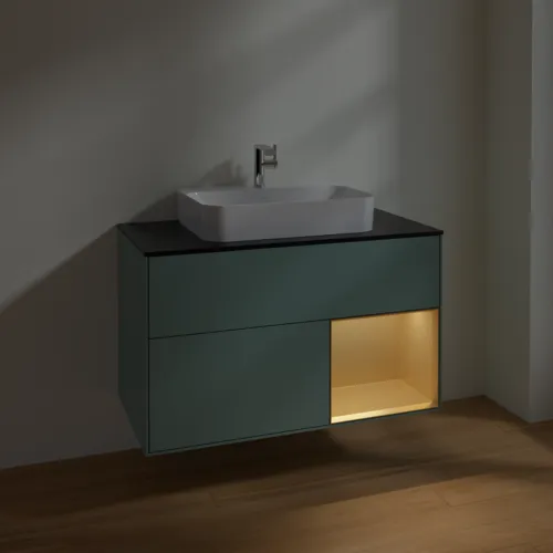 VILLEROY BOCH Toaletní skříňka Finion, s osvětlením, 2 výsuvy, 1000 x 603 x 501 mm, olivový matný lak / zlatý matný lak / černé matné sklo #F372HFGM, obrázek 5