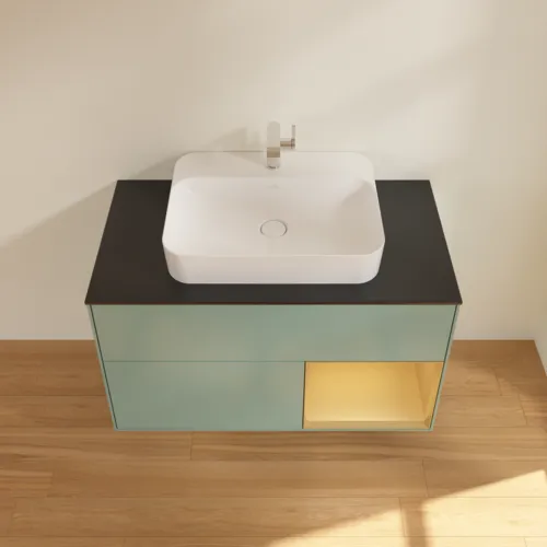 VILLEROY BOCH Toaletní skříňka Finion, s osvětlením, 2 výsuvy, 1000 x 603 x 501 mm, olivový matný lak / zlatý matný lak / černé matné sklo #F372HFGM, obrázek 4
