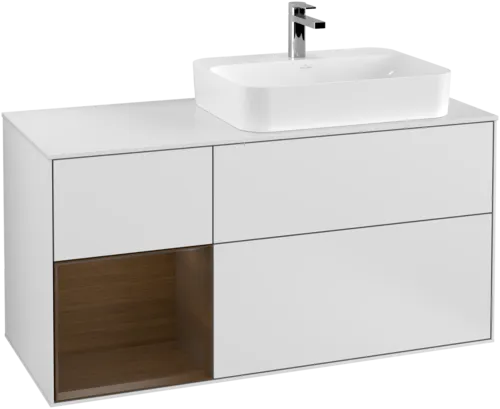 VILLEROY BOCH Toaletní skříňka Finion, s osvětlením, 3 výsuvy, 1200 x 603 x 501 mm, bílý matný lak / ořechová dýha / sklo bílé matné #F391GNMT