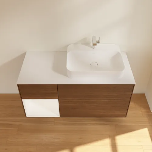 VILLEROY BOCH Toaletní skříňka Finion, s osvětlením, 3 výsuvy, 1200 x 603 x 501 mm, ořechová dýha / bílý matný lak / bílé matné sklo #F391MTGN, obrázek 4
