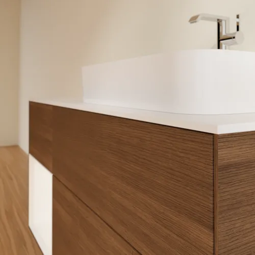 VILLEROY BOCH Toaletní skříňka Finion, s osvětlením, 3 výsuvy, 1200 x 603 x 501 mm, ořechová dýha / bílý matný lak / bílé matné sklo #F391MTGN, obrázek 6
