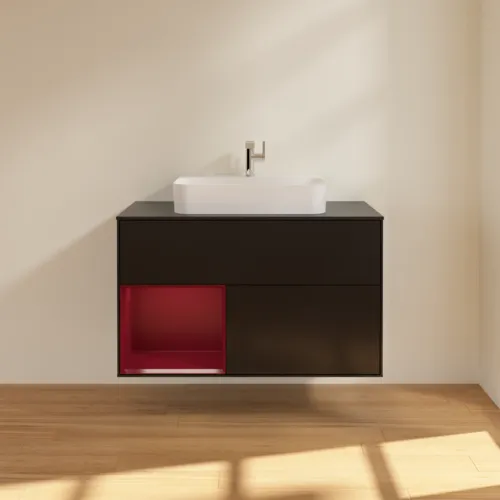 VILLEROY BOCH Toaletní skříňka Finion, s osvětlením, 2 výsuvy, 1000 x 603 x 501 mm, černý matný lak / pivoňkový matný lak / černé matné sklo #F362HBPD, obrázek 3