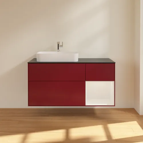 VILLEROY BOCH Toaletní skříňka Finion, s osvětlením, 3 výsuvy, 1200 x 603 x 501 mm, matný lak Peony / lesklý bílý lak / černé matné sklo #F402GFHB, obrázek 3