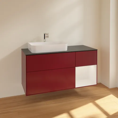 VILLEROY BOCH Toaletní skříňka Finion, s osvětlením, 3 výsuvy, 1200 x 603 x 501 mm, matný lak Peony / lesklý bílý lak / černé matné sklo #F402GFHB, obrázek 2