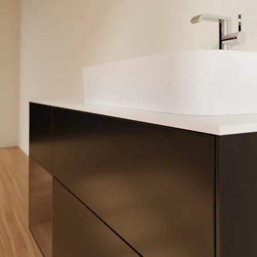 VILLEROY BOCH Toaletní skříňka Finion, s osvětlením, 3 výsuvy, 1200 x 603 x 501 mm, černý matný lak / ořechová dýha / bílé matné sklo #F391GNPD, obrázek 6