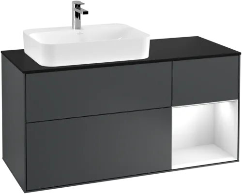 VILLEROY BOCH Toaletní skříňka Finion, s osvětlením, 3 výsuvy, 1200 x 603 x 501 mm, Midnight Blue Matt Lacquer / Glossy White Lacquer / Glass Black Matt #F402GFHG