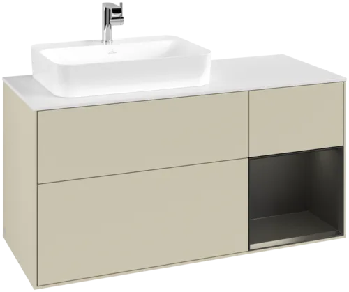 VILLEROY BOCH Toaletní skříňka Finion, s osvětlením, 3 výsuvy, 1200 x 603 x 501 mm, hedvábně šedý matný lak / černý matný lak / bílé matné sklo #F401PDHJ