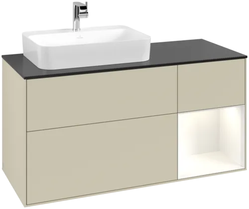 VILLEROY BOCH Toaletní skříňka Finion, s osvětlením, 3 výsuvy, 1200 x 603 x 501 mm, hedvábně šedý matný lak / lesklý bílý lak / černé matné sklo #F402GFHJ