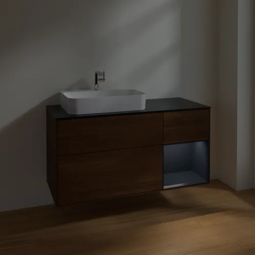 VILLEROY BOCH Toaletní skříňka Finion, s osvětlením, 3 výsuvy, 1200 x 603 x 501 mm, ořechová dýha / půlnočně modrý matný lak / černé matné sklo #F402HGGN, obrázek 5