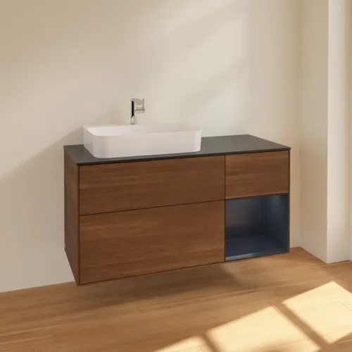 VILLEROY BOCH Toaletní skříňka Finion, s osvětlením, 3 výsuvy, 1200 x 603 x 501 mm, ořechová dýha / půlnočně modrý matný lak / černé matné sklo #F402HGGN, obrázek 2