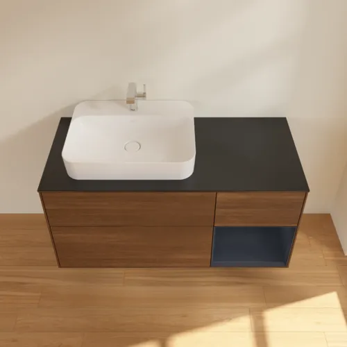 VILLEROY BOCH Toaletní skříňka Finion, s osvětlením, 3 výsuvy, 1200 x 603 x 501 mm, ořechová dýha / půlnočně modrý matný lak / černé matné sklo #F402HGGN, obrázek 4