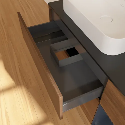 VILLEROY BOCH Toaletní skříňka Finion, s osvětlením, 3 výsuvy, 1200 x 603 x 501 mm, ořechová dýha / půlnočně modrý matný lak / černé matné sklo #F402HGGN, obrázek 8