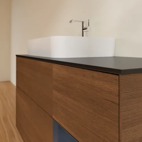 VILLEROY BOCH Toaletní skříňka Finion, s osvětlením, 3 výsuvy, 1200 x 603 x 501 mm, ořechová dýha / půlnočně modrý matný lak / černé matné sklo #F402HGGN, obrázek 6