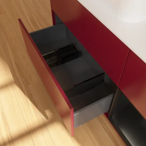 VILLEROY BOCH Toaletní skříňka Finion, s osvětlením, 3 výsuvy, 1200 x 603 x 501 mm, Pivoňka matný lak / Černý matný lak / Sklo bílé matné #F401PDHB, obrázek 7