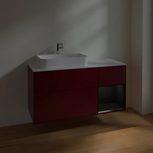 VILLEROY BOCH Toaletní skříňka Finion, s osvětlením, 3 výsuvy, 1200 x 603 x 501 mm, Pivoňka matný lak / Černý matný lak / Sklo bílé matné #F401PDHB, obrázek 5