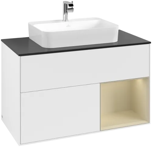 VILLEROY BOCH Toaletní skříňka Finion, s osvětlením, 2 výsuvy, 1000 x 603 x 501 mm, bílý matný lak / hedvábně šedý matný lak / černé matné sklo #F372HJMT