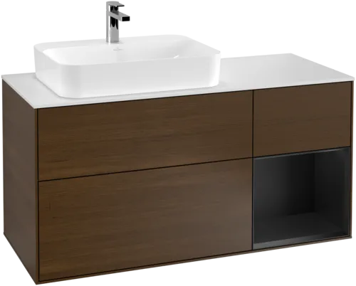 VILLEROY BOCH Toaletní skříňka Finion, s osvětlením, 3 výsuvy, 1200 x 603 x 501 mm, ořechová dýha / černý matný lak / sklo bílé matné #F401PDGN