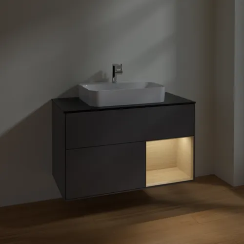 VILLEROY BOCH Toaletní skříňka Finion, s osvětlením, 2 výsuvy, 1000 x 603 x 501 mm, antracitový matný lak / dubová dýha / černé matné sklo #F372PCGK, obrázek 5