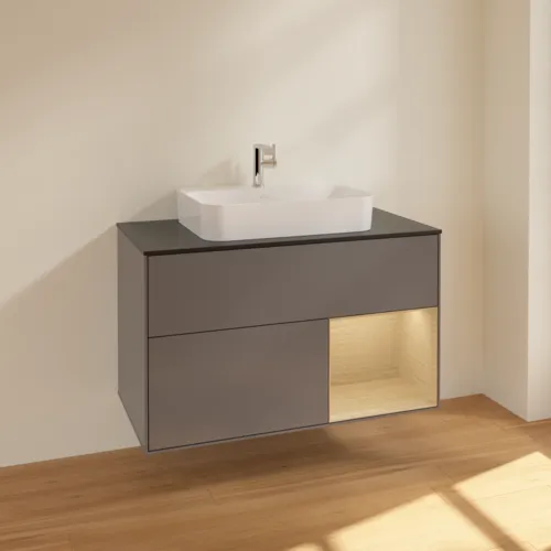 VILLEROY BOCH Toaletní skříňka Finion, s osvětlením, 2 výsuvy, 1000 x 603 x 501 mm, antracitový matný lak / dubová dýha / černé matné sklo #F372PCGK, obrázek 2