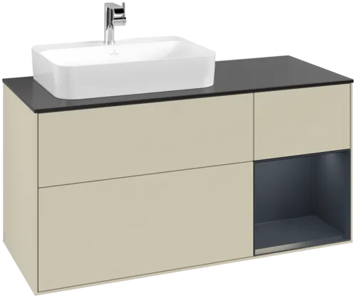 VILLEROY BOCH Toaletní skříňka Finion, s osvětlením, 3 výsuvy, 1200 x 603 x 501 mm, Silk Grey Matt Lacquer / Midnight Blue Matt Lacquer / Glass Black Matt #F402HGHJ