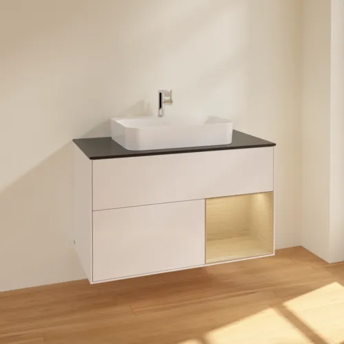 VILLEROY BOCH Toaletní skříňka Finion, s osvětlením, 2 výsuvy, 1000 x 603 x 501 mm, lesklý bílý lak / dubová dýha / černé matné sklo #F372PCGF, obrázek 2