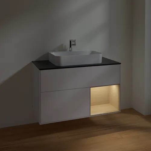 VILLEROY BOCH Toaletní skříňka Finion, s osvětlením, 2 výsuvy, 1000 x 603 x 501 mm, lesklý bílý lak / dubová dýha / černé matné sklo #F372PCGF, obrázek 5