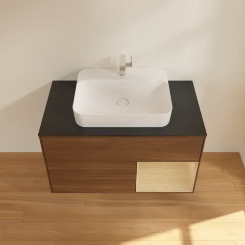 VILLEROY BOCH Toaletní stolek Finion, s osvětlením, 2 výsuvy, 1000 x 603 x 501 mm, ořechová dýha / dubová dýha / sklo černé matné #F372PCGN, obrázek 4