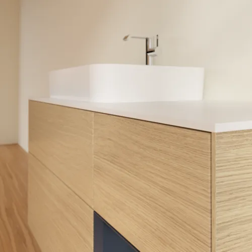 VILLEROY BOCH Toaletní skříňka Finion, s osvětlením, 3 výsuvy, 1200 x 603 x 501 mm, dubová dýha / půlnočně modrý matný lak / bílé matné sklo #F401HGPC, obrázek 6