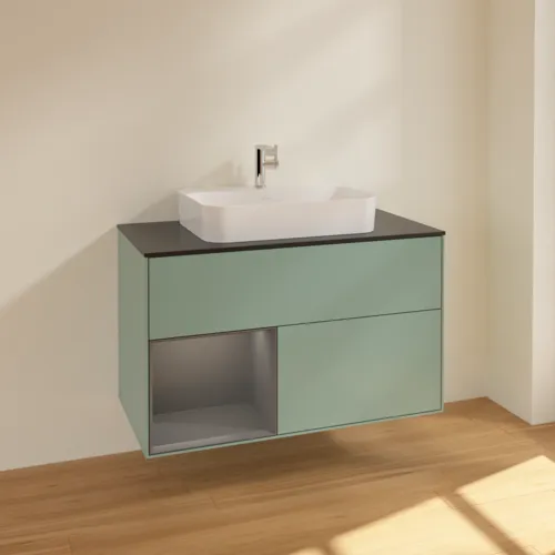 VILLEROY BOCH Toaletní skříňka Finion, s osvětlením, 2 výsuvy, 1000 x 603 x 501 mm, olivový matný lak / antracitový matný lak / černé matné sklo #F362GKGM, obrázek 2