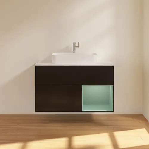 VILLEROY BOCH Toaletní skříňka Finion, s osvětlením, 2 výsuvy, 1000 x 603 x 501 mm, černý matný lak / olivový matný lak / bílé matné sklo #F371GMPD, obrázek 3