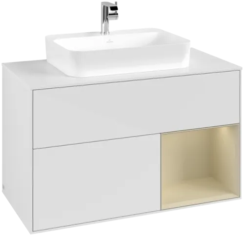VILLEROY BOCH Toaletní skříňka Finion, s osvětlením, 2 výsuvy, 1000 x 603 x 501 mm, lesklý bílý lak / hedvábně šedý matný lak / bílé matné sklo #F371HJGF