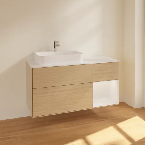 VILLEROY BOCH Toaletní skříňka Finion, s osvětlením, 3 výsuvy, 1200 x 603 x 501 mm, dubová dýha / lesklý bílý lak / sklo bílé matné #F401GFPC, obrázek 2