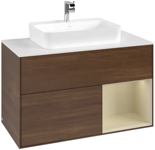 VILLEROY BOCH Toaletní skříňka Finion, s osvětlením, 2 výsuvy, 1000 x 603 x 501 mm, ořechová dýha / hedvábně šedý matný lak / sklo bílé matné #F371HJGN