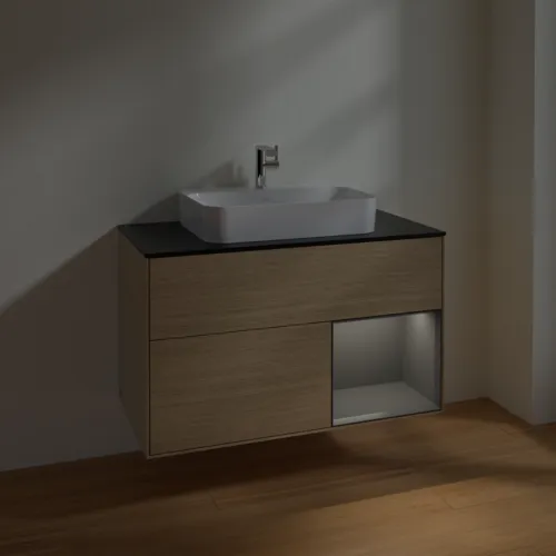 VILLEROY BOCH Toaletní skříňka Finion, s osvětlením, 2 výsuvy, 1000 x 603 x 501 mm, dubová dýha / antracitový matný lak / černé matné sklo #F372GKPC, obrázek 5