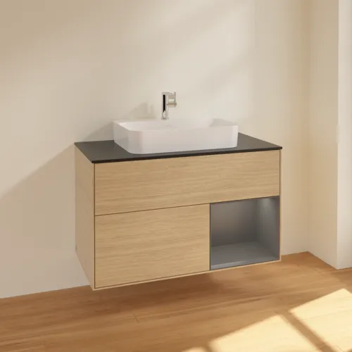 VILLEROY BOCH Toaletní skříňka Finion, s osvětlením, 2 výsuvy, 1000 x 603 x 501 mm, dubová dýha / antracitový matný lak / černé matné sklo #F372GKPC, obrázek 2