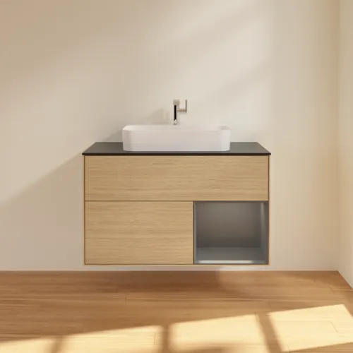 VILLEROY BOCH Toaletní skříňka Finion, s osvětlením, 2 výsuvy, 1000 x 603 x 501 mm, dubová dýha / antracitový matný lak / černé matné sklo #F372GKPC, obrázek 3