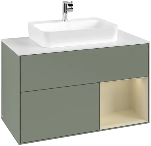 VILLEROY BOCH Toaletní skříňka Finion, s osvětlením, 2 výsuvy, 1000 x 603 x 501 mm, olivový matný lak / hedvábně šedý matný lak / bílé matné sklo #F371HJGM