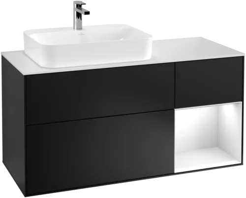 VILLEROY BOCH Toaletní skříňka Finion, s osvětlením, 3 výsuvy, 1200 x 603 x 501 mm, černý matný lak / bílý lesklý lak / bílé matné sklo #F401GFPD