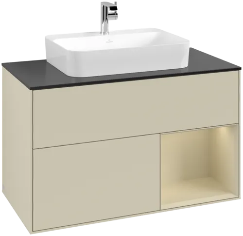 VILLEROY BOCH Toaletní skříňka Finion, s osvětlením, 2 výsuvy, 1000 x 603 x 501 mm, Silk Grey Matt Lacquer / Silk Grey Matt Lacquer / Glass Black Matt #F372HJHJ