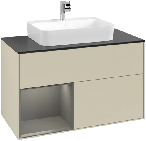 VILLEROY BOCH Toaletní skříňka Finion, s osvětlením, 2 výsuvy, 1000 x 603 x 501 mm, hedvábně šedý matný lak / antracitový matný lak / černé matné sklo #F362GKHJ