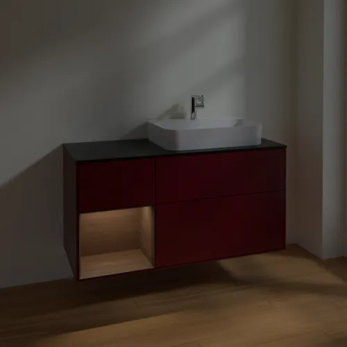 VILLEROY BOCH Toaletní skříňka Finion, s osvětlením, 3 výsuvy, 1200 x 603 x 501 mm, matný lak Peony / ořechová dýha / černé matné sklo #F392GNHB, obrázek 5