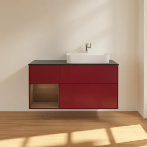 VILLEROY BOCH Toaletní skříňka Finion, s osvětlením, 3 výsuvy, 1200 x 603 x 501 mm, matný lak Peony / ořechová dýha / černé matné sklo #F392GNHB, obrázek 3