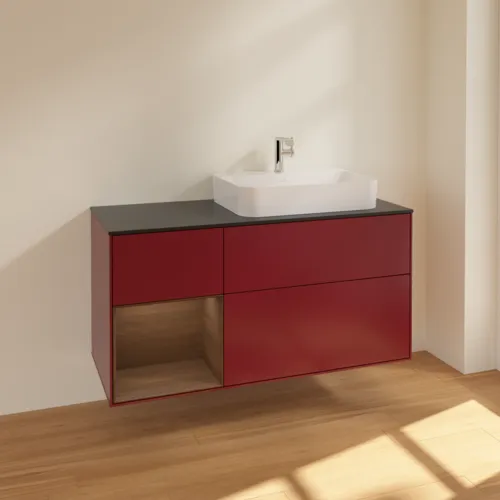 VILLEROY BOCH Toaletní skříňka Finion, s osvětlením, 3 výsuvy, 1200 x 603 x 501 mm, matný lak Peony / ořechová dýha / černé matné sklo #F392GNHB, obrázek 2