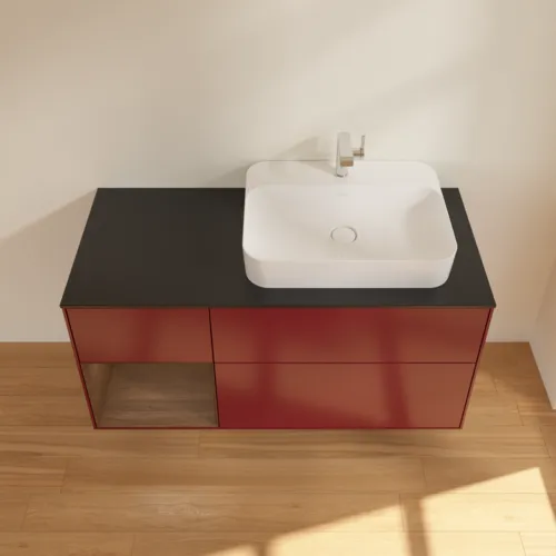 VILLEROY BOCH Toaletní skříňka Finion, s osvětlením, 3 výsuvy, 1200 x 603 x 501 mm, matný lak Peony / ořechová dýha / černé matné sklo #F392GNHB, obrázek 4