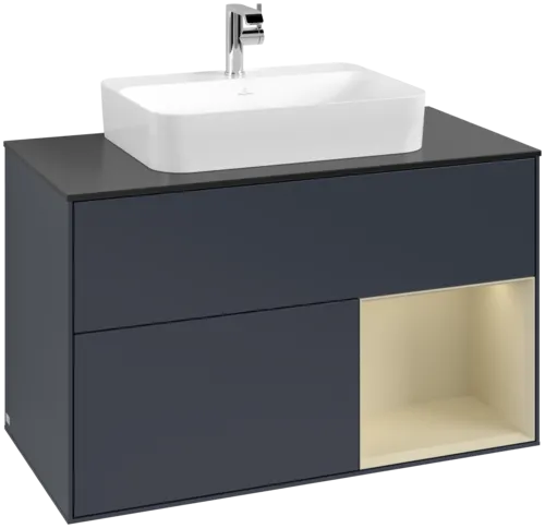 VILLEROY BOCH Toaletní skříňka Finion, s osvětlením, 2 výsuvy, 1000 x 603 x 501 mm, Midnight Blue Matt Lacquer / Silk Grey Matt Lacquer / Glass Black Matt #F372HJHG