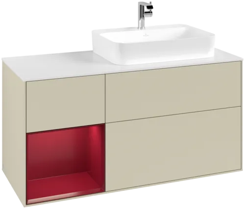VILLEROY BOCH Toaletní skříňka Finion, s osvětlením, 3 výsuvy, 1200 x 603 x 501 mm, Silk Grey Matt Lacquer / Peony Matt Lacquer / Glass White Matt #F391HBHJ